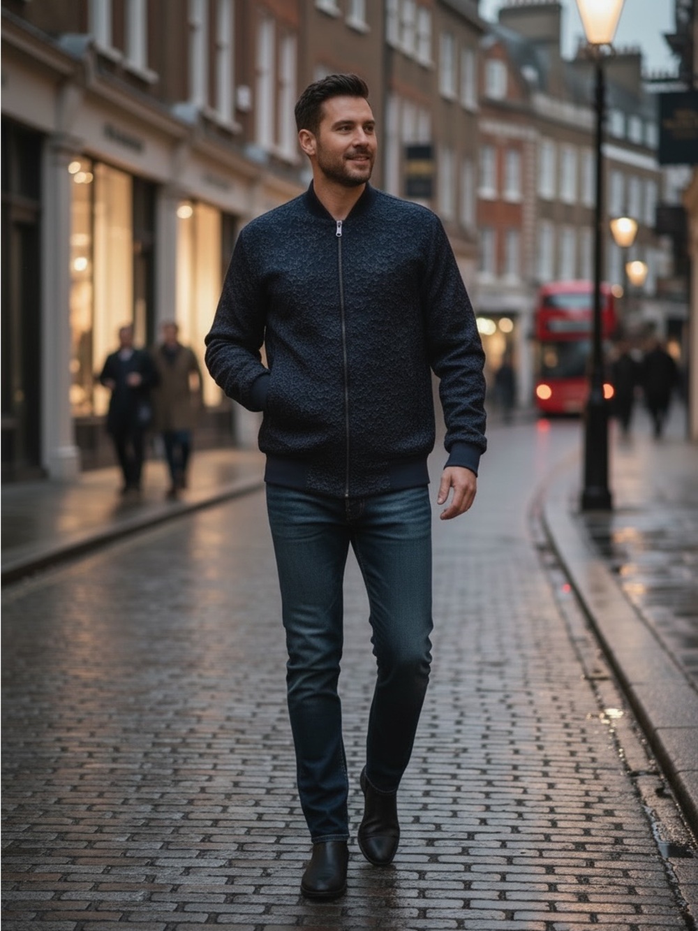 Valiant Navy Jacquard Bomber Jacket with Subtle Sheen
